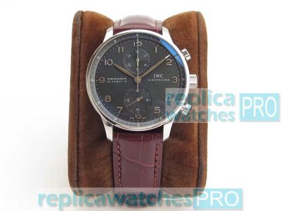 Replica IWC Portuguese V2 Black Chronograph Dial Brown Leather Strap Watch